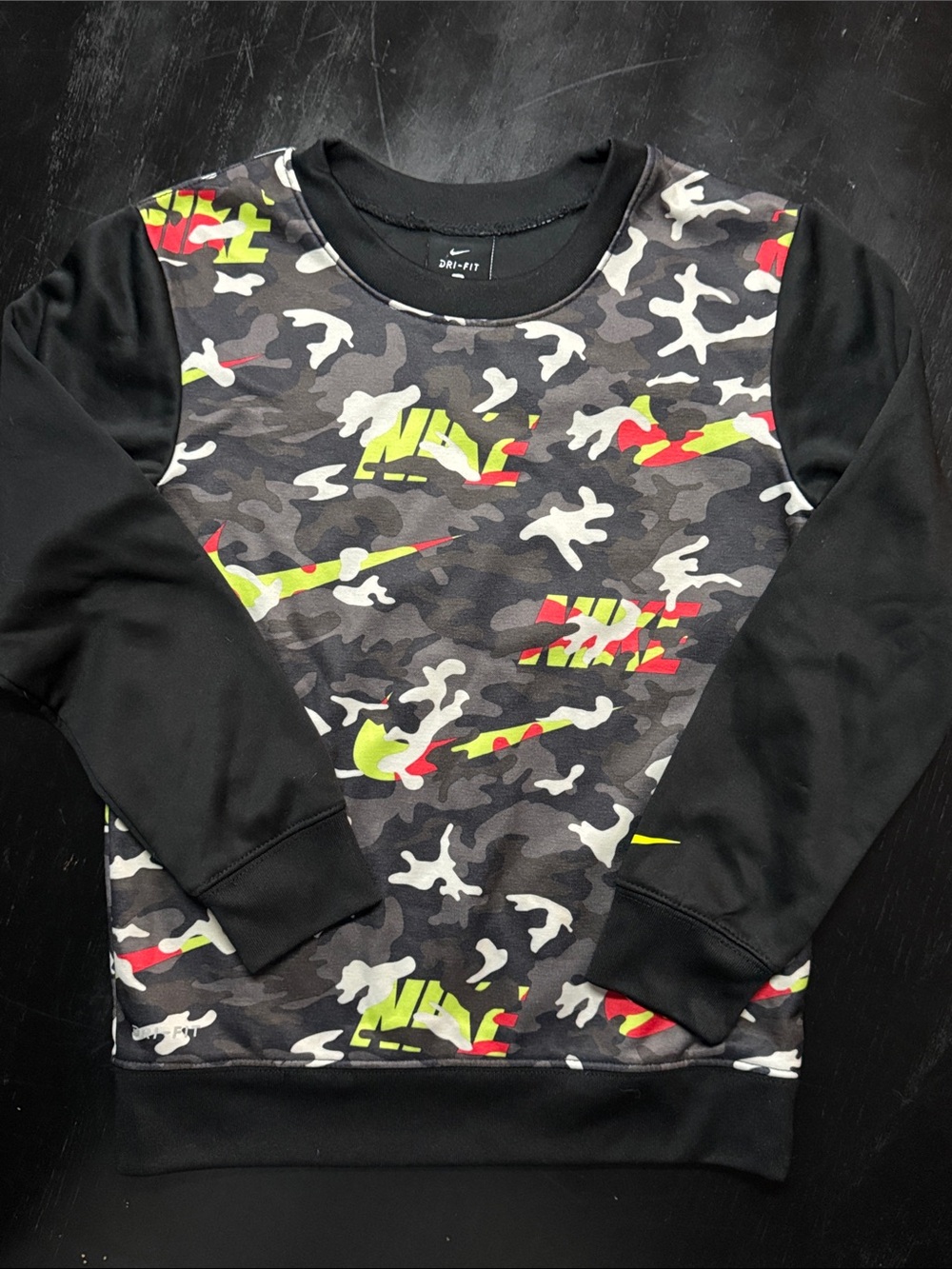 Nike Kids Black Camo Sweatshirt with Neon Yellow & Red Accents